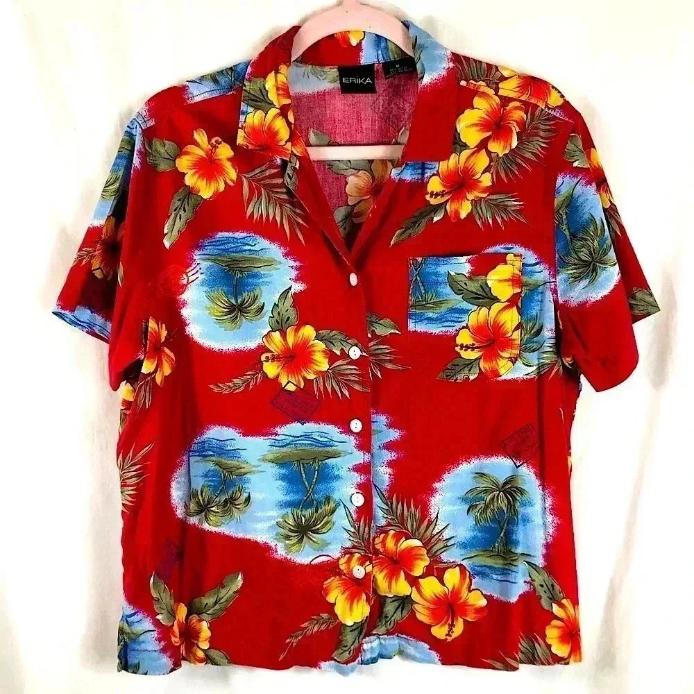 Erika Red Hawaiian Button Down Shirt size M
